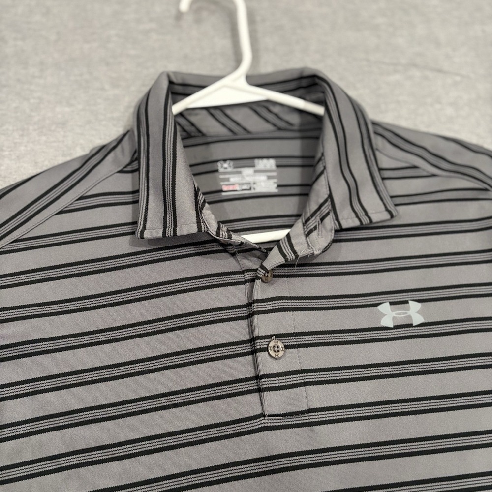 Under Armour Mens HeatGear Polo Shirt Large Grey Black Striped Golf Loose Fit